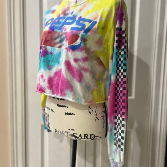 PEPSI TIE DYE CROPPED T-SHIRT LONG SLEEVE SZ MEDIUM 100% COTTON RETRO AESTHETIC - Picture 16 of 16